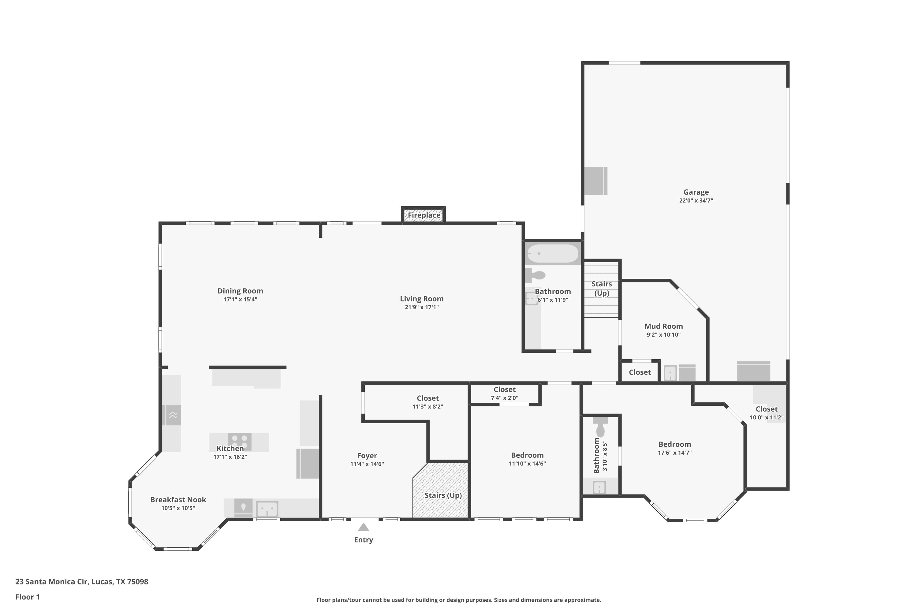 First floor plan showing foyer, living room, kitchen, formal dining, breakfast nook, downstairs guest bedroom, guest bathroom, mudroom, and three-car garage.