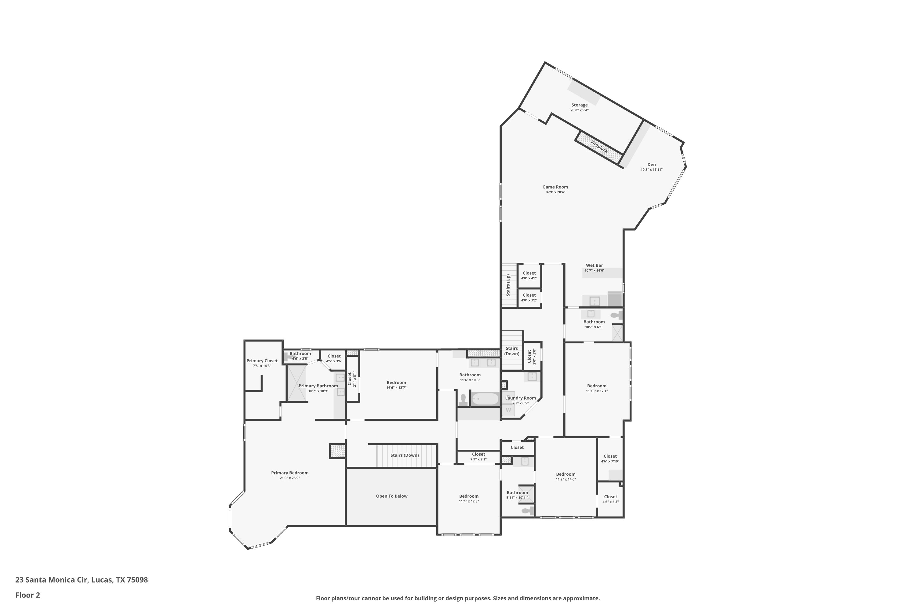 Second floor plan showing primary suite, primary closet, primary bathroom, four secondary bedrooms, two bathrooms, laundry room, log cabin great room, kitchenette, wet bar, and den.